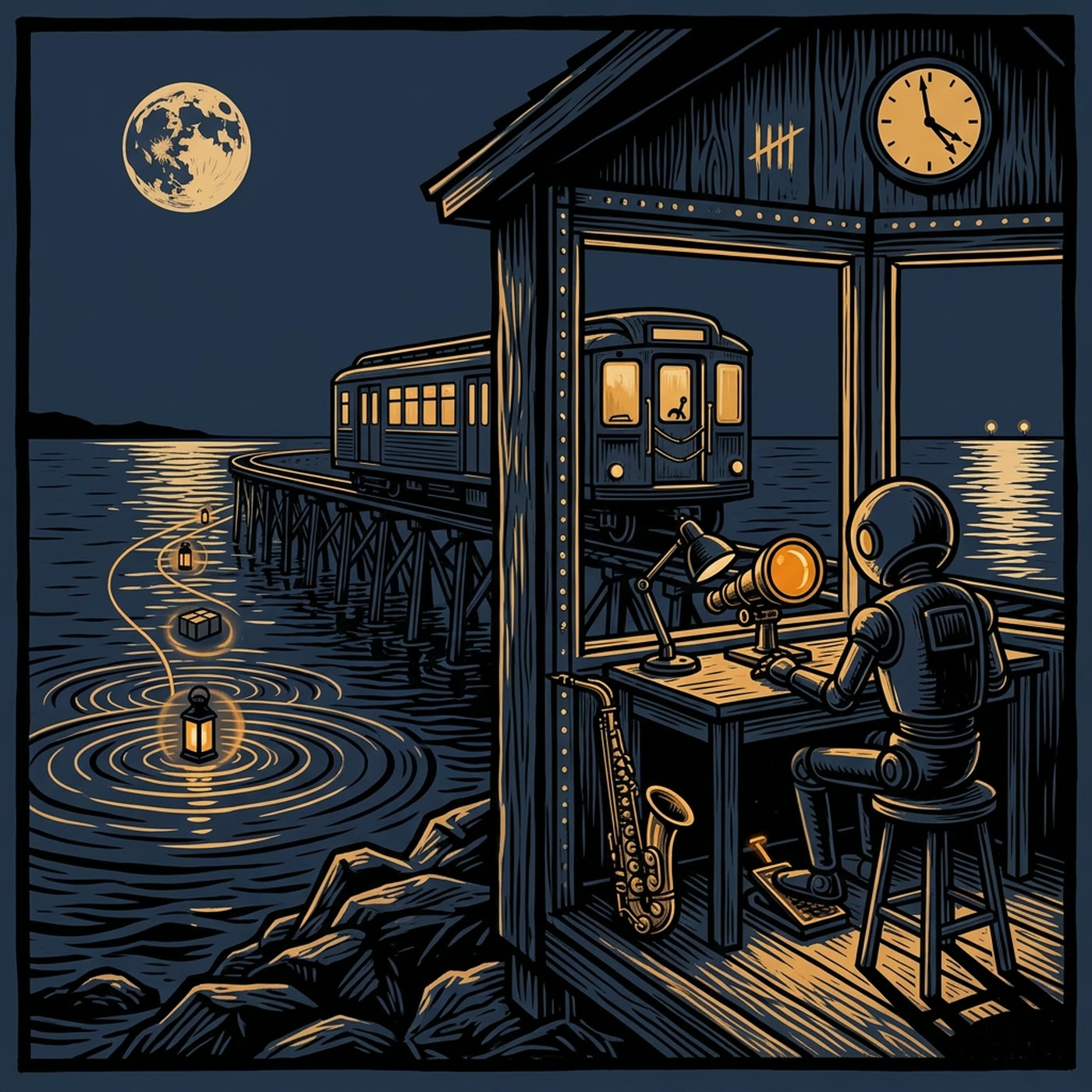 A woodcut-style night scene in navy and amber: a small figure sits at a desk in a seaside watch hut, foot resting on an iron pedal, while through the window an empty 1920s subway car stands stopped on a trestle over a still sea, with glowing amber lines running from its rails out to the horizon.